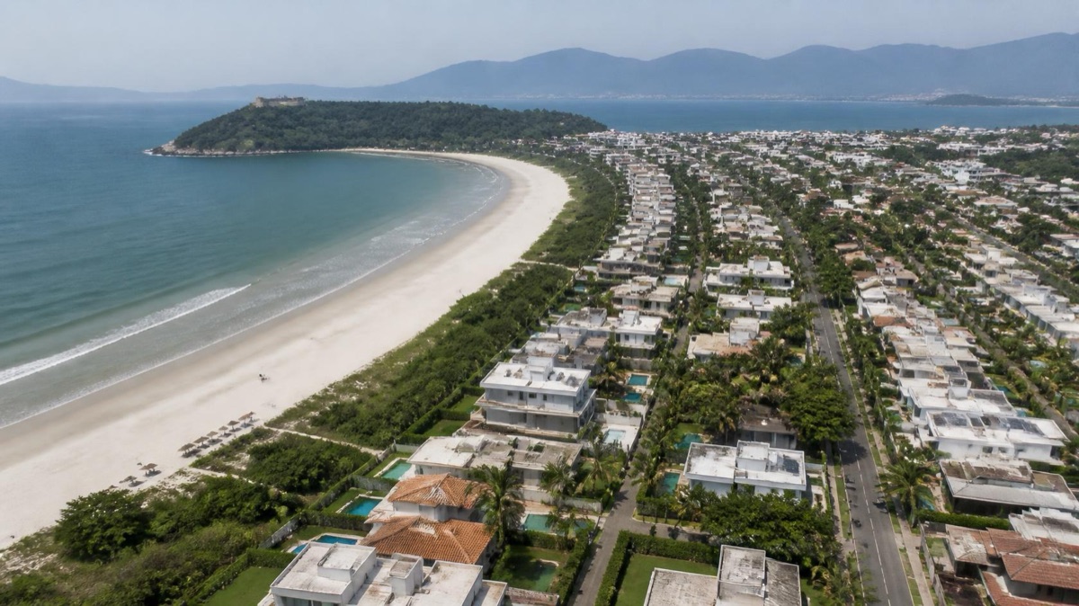AI-generated illustration of the Jurerê Internacional neighborhood and beach in Florianópolis, Brazil, with houses and low-rise buildings